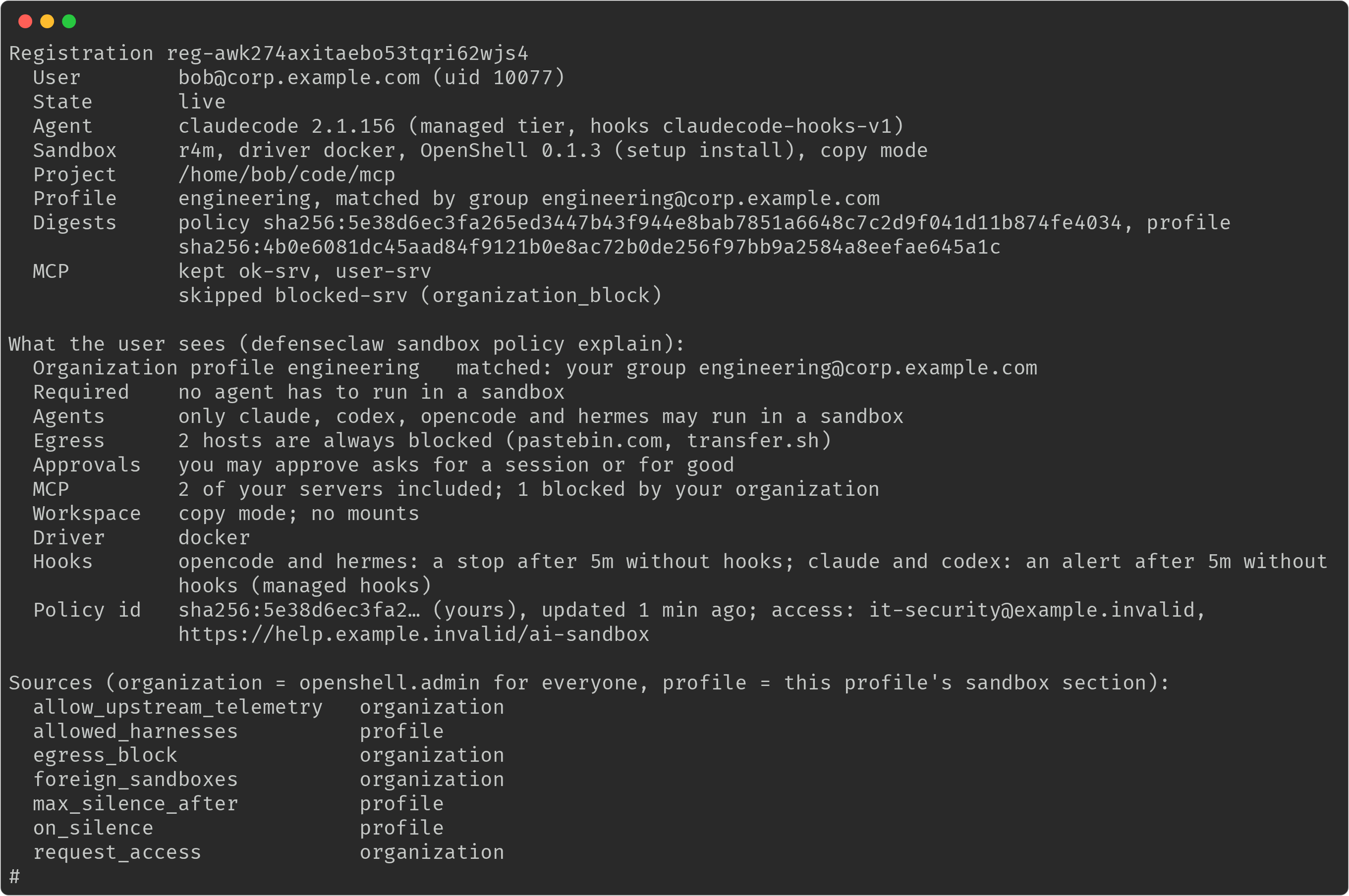 enterprise linux sandbox explain for one registration: the user, state live, agent claudecode, sandbox r4m on the docker driver with OpenShell 0.1.3 set up by the user, copy mode, the project, the engineering profile matched by group, the policy and profile digests, MCP servers kept and skipped (organization_block); then what the user sees, then the sources of each key as organization or profile