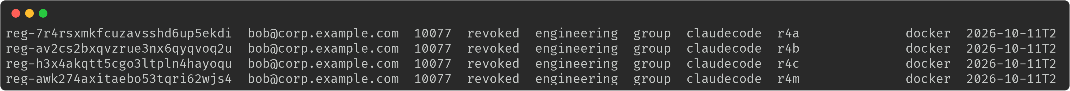 enterprise linux sandbox list as root: four registrations of one user in the revoked state, each with the engineering profile, matched by group, the claudecode agent, its sandbox name and the docker driver