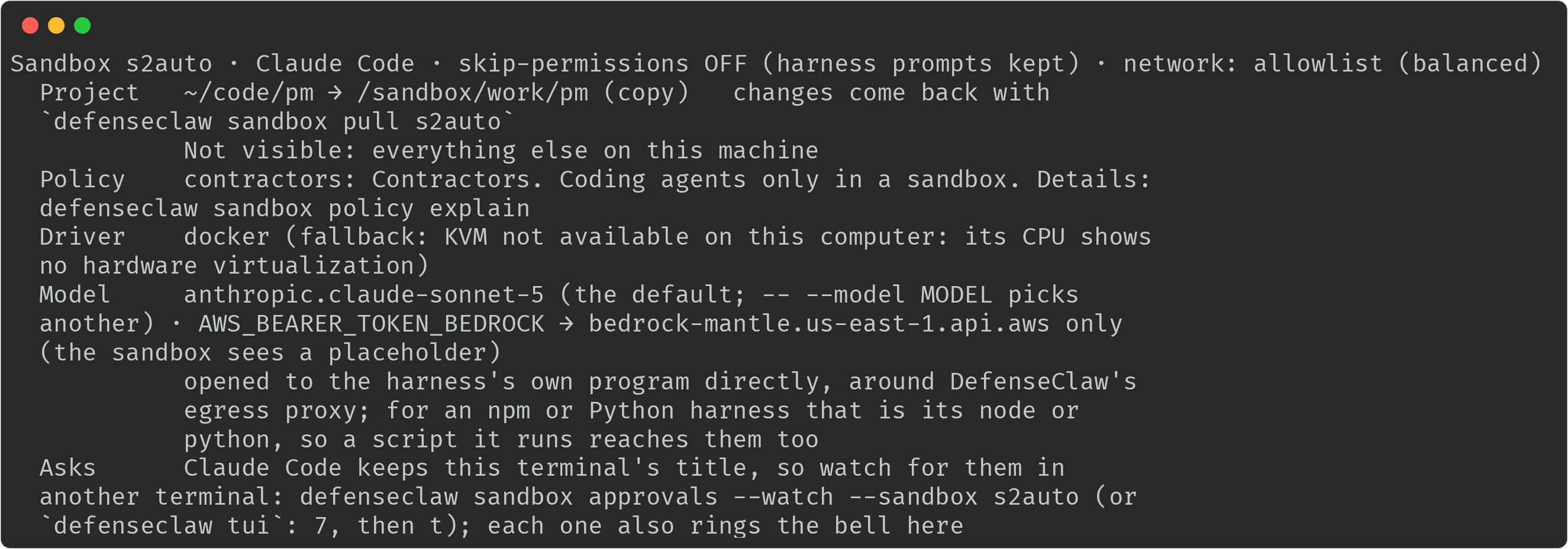 The banner of defenseclaw sandbox run claude on Linux: the Driver line reads docker (fallback: KVM not available on this computer: its CPU shows no hardware virtualization), between the Policy line and the model line