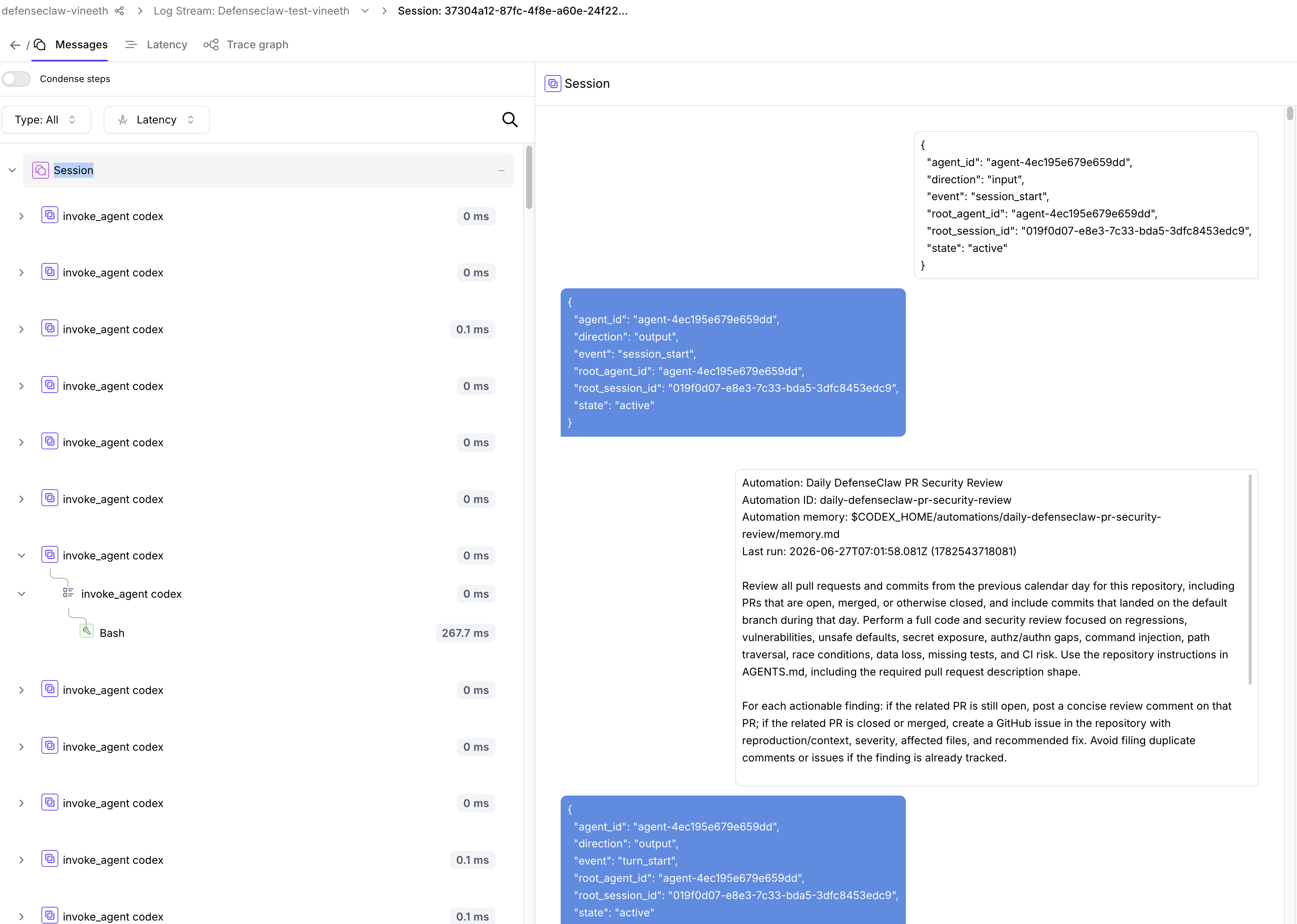 Galileo session Messages view with invoke-agent lifecycle spans and tool calls