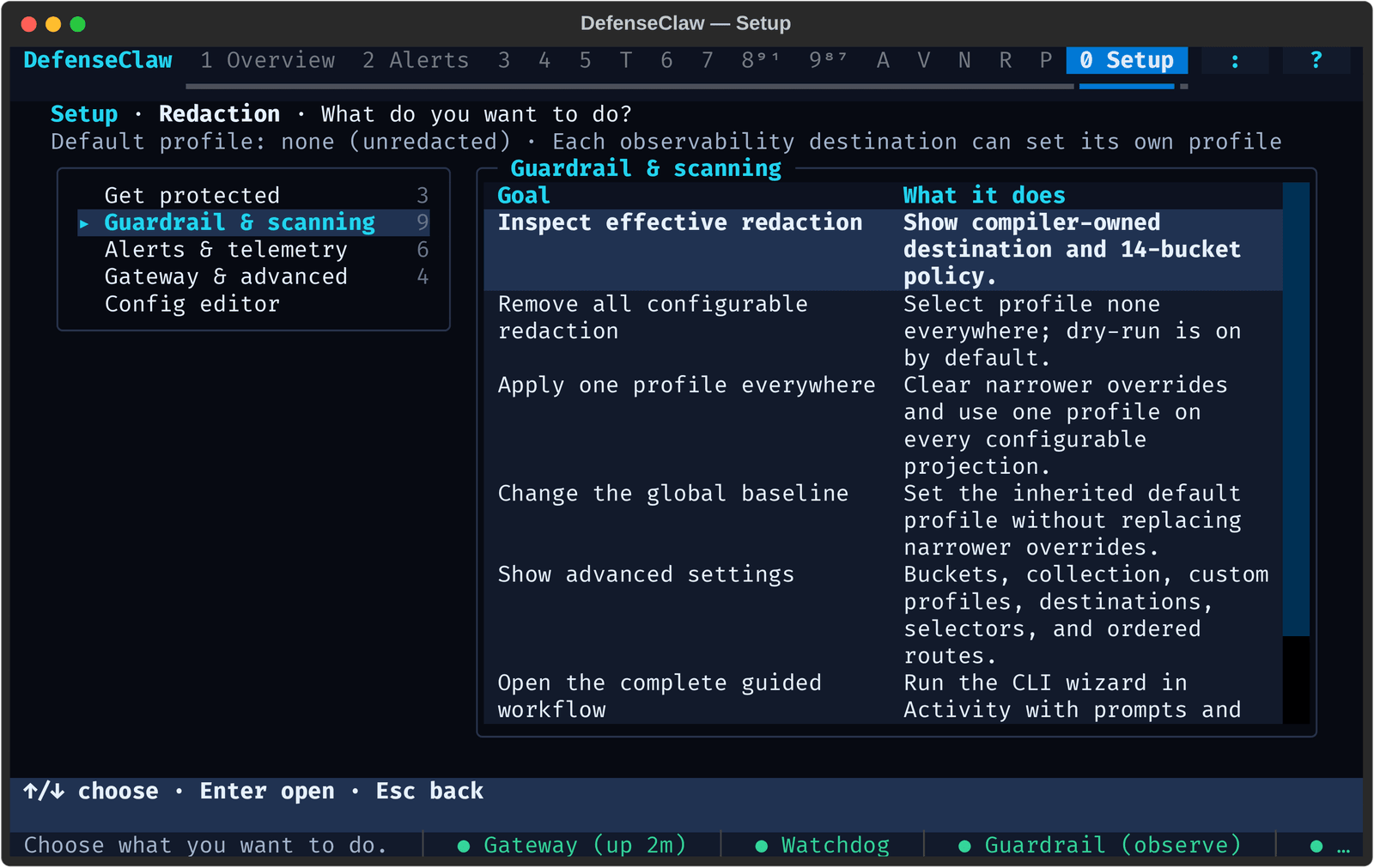 DefenseClaw TUI Setup, Guardrail and scanning, Redaction: the default profile none (unredacted) and the goals Inspect effective redaction, Remove all configurable redaction, Apply one profile everywhere, Change the global baseline, Show advanced settings, and Open the complete guided workflow