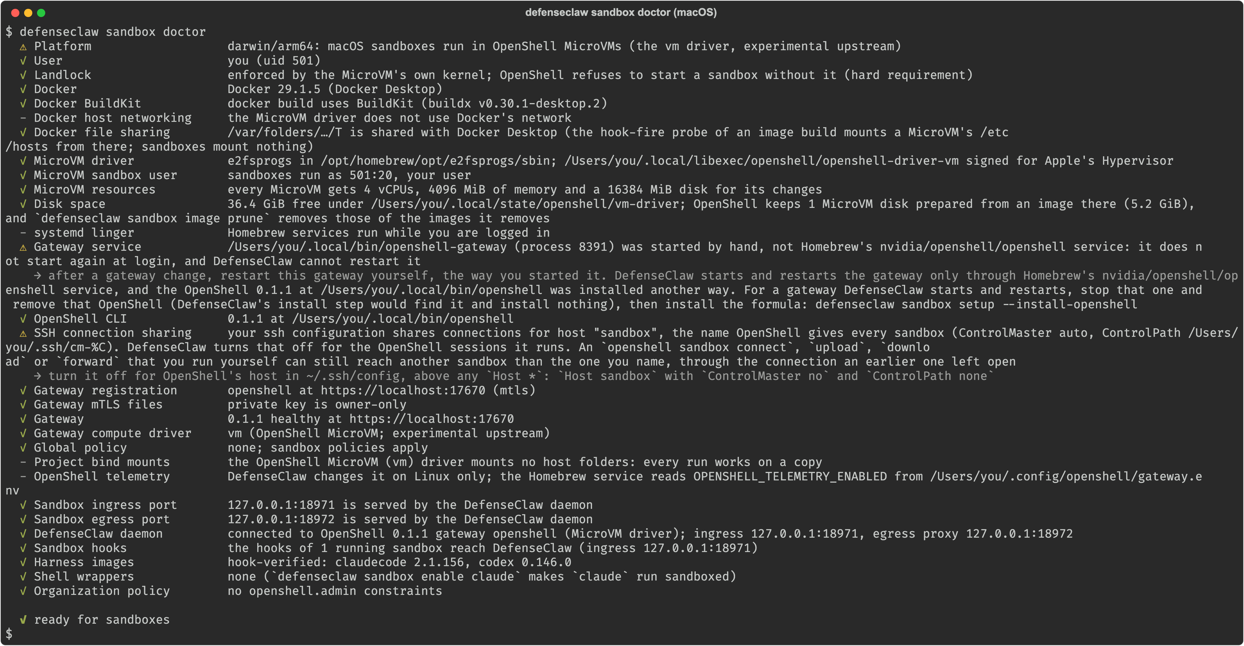 defenseclaw sandbox doctor on an Apple-silicon Mac with OpenShell's release binaries and a gateway started by hand, ending with ready for sandboxes