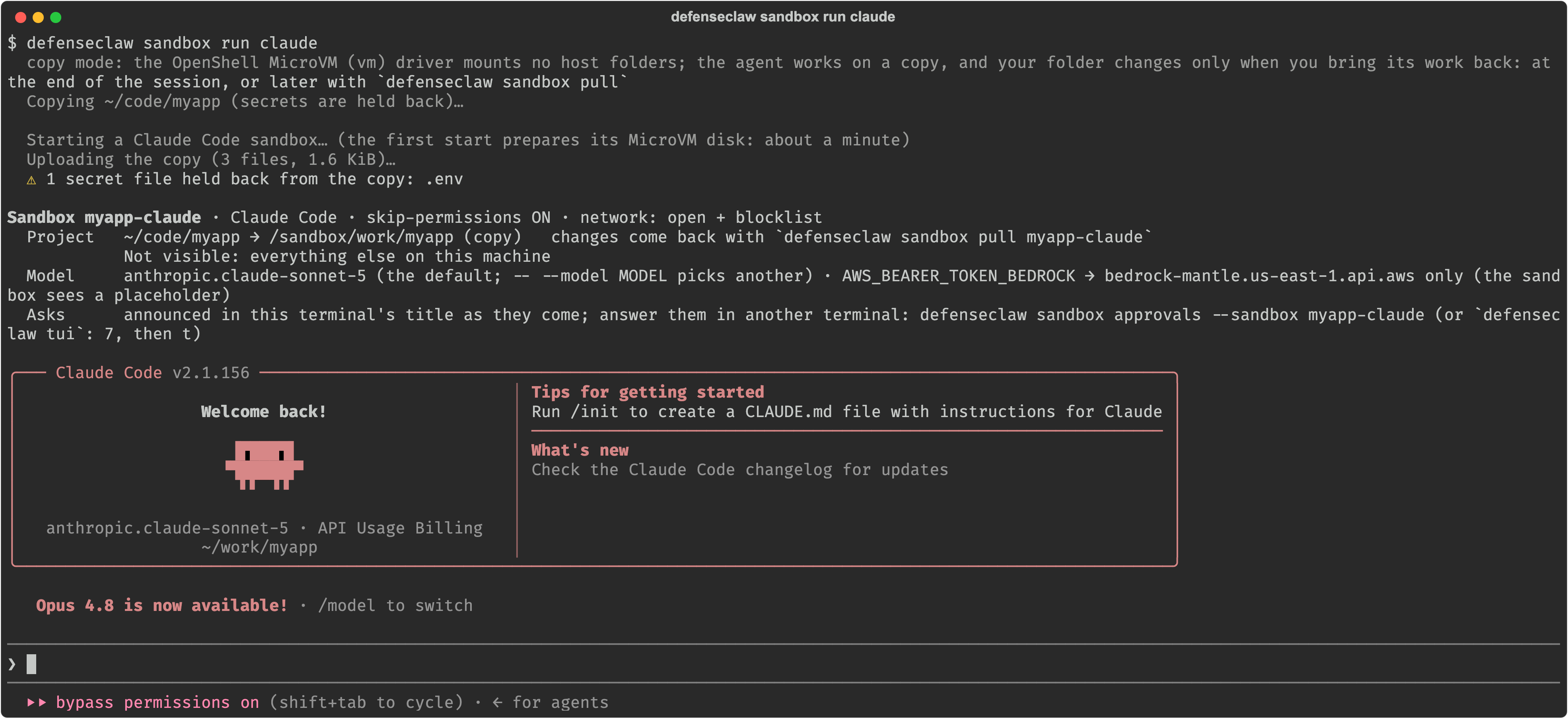 defenseclaw sandbox run claude on a Mac: the copy is made with .env held back, then the banner shows the sandbox, the project copy, the model credential bound to its endpoint, and where asks appear, before Claude Code starts