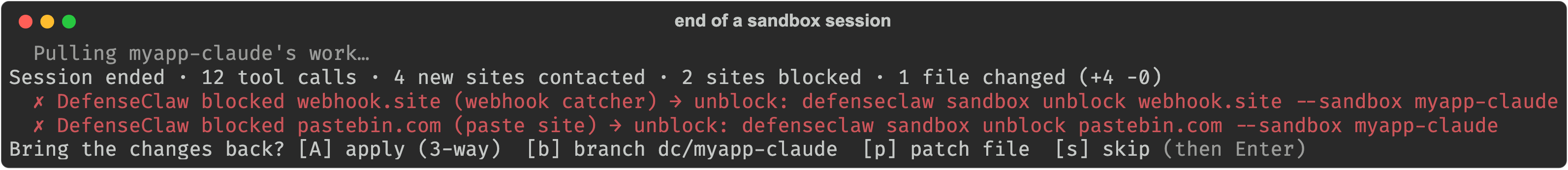 End of a macOS sandbox session: tool calls, sites contacted and blocked, files changed, and the question to bring the changes back by apply, branch or patch