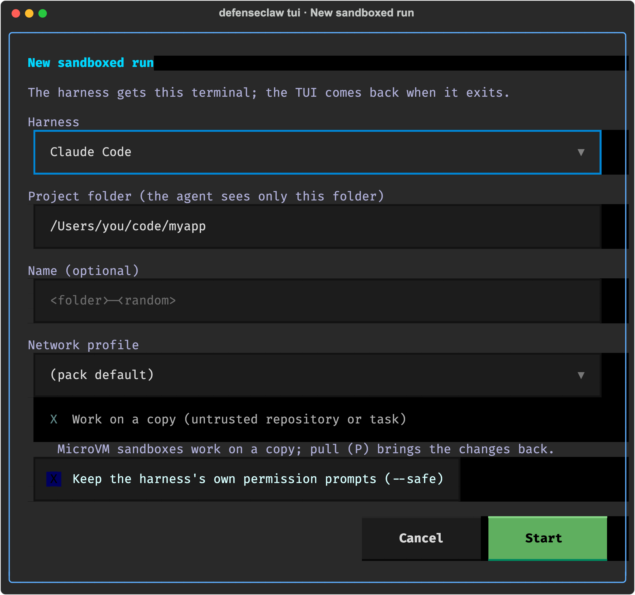 DefenseClaw TUI New sandboxed run dialog: harness, project folder, name, network profile, work on a copy, keep the harness's own permission prompts