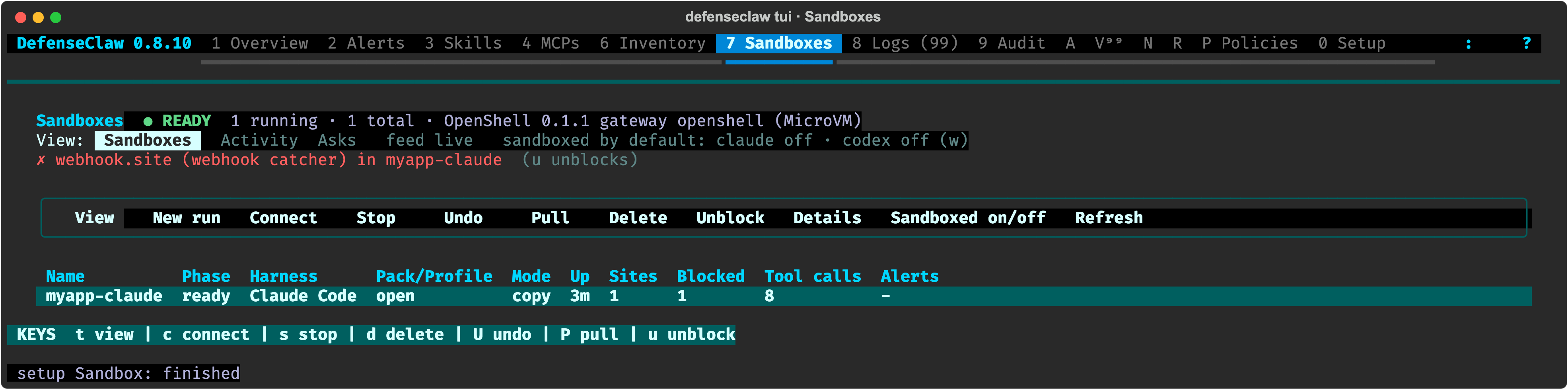 DefenseClaw TUI Sandboxes panel: READY header with the OpenShell gateway, a blocked-destination line, the action bar and one running sandbox