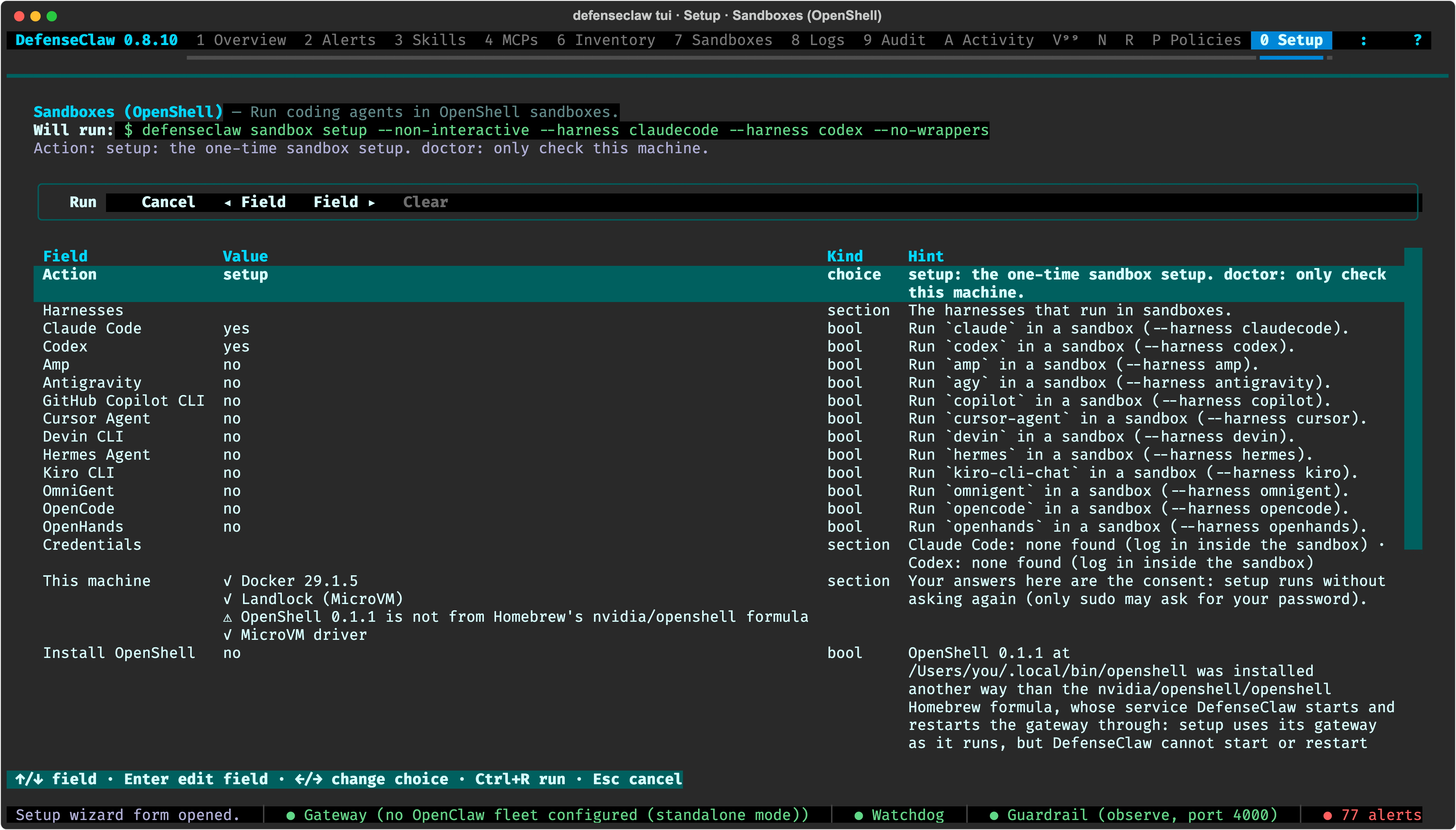 DefenseClaw TUI Setup, Sandboxes (OpenShell) wizard: the command it will run, the harness choices, credentials, this machine's checks and the Install OpenShell option