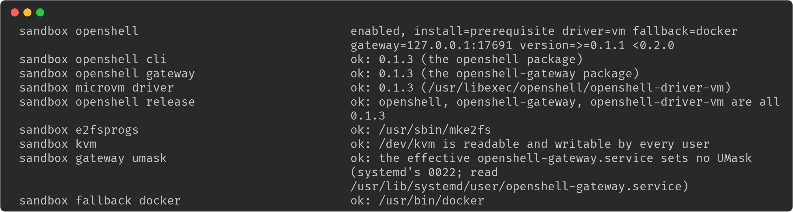 The sandbox rows of defenseclaw-gateway enterprise linux verify on a RHEL host: openshell enabled with install prerequisite, driver vm and fallback docker, the OpenShell CLI, gateway and MicroVM driver at 0.1.3, e2fsprogs, kvm, the gateway umask and the docker fallback, each ok
