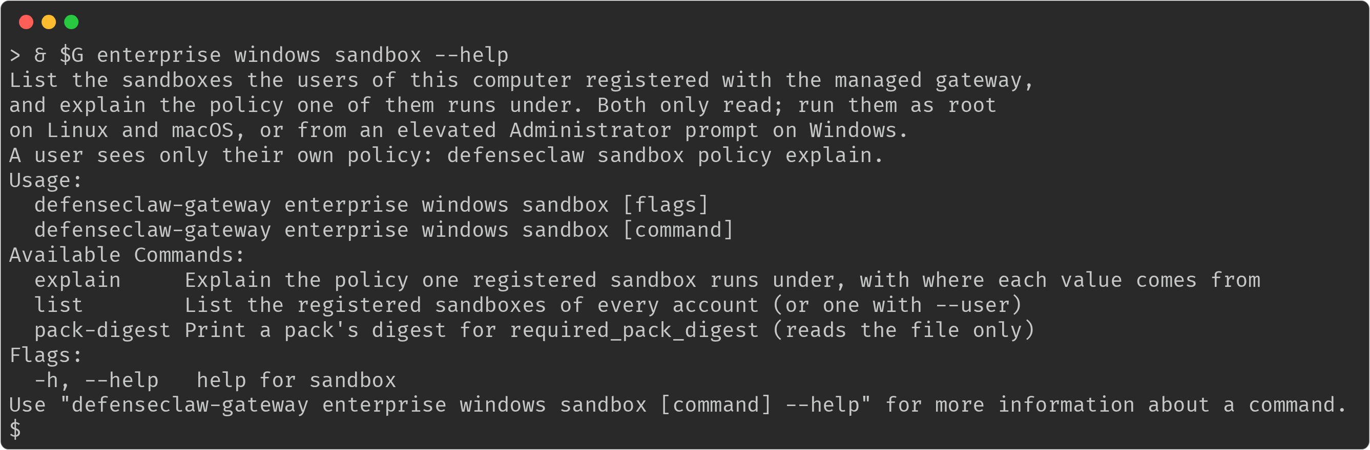 The help of enterprise windows sandbox from an elevated prompt: explain, list and pack-digest, read-only, with the note that a user sees only their own policy through defenseclaw sandbox policy explain