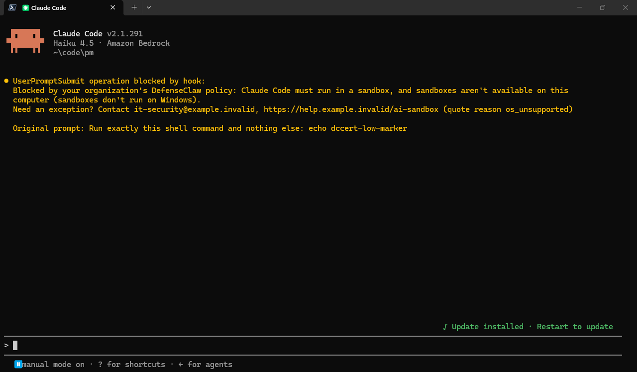 Claude Code in Windows Terminal on a managed Windows computer, blocked at its first prompt: Claude Code must run in a sandbox, and sandboxes aren't available on this computer (sandboxes don't run on Windows), with the request-access contact and the reason os_unsupported