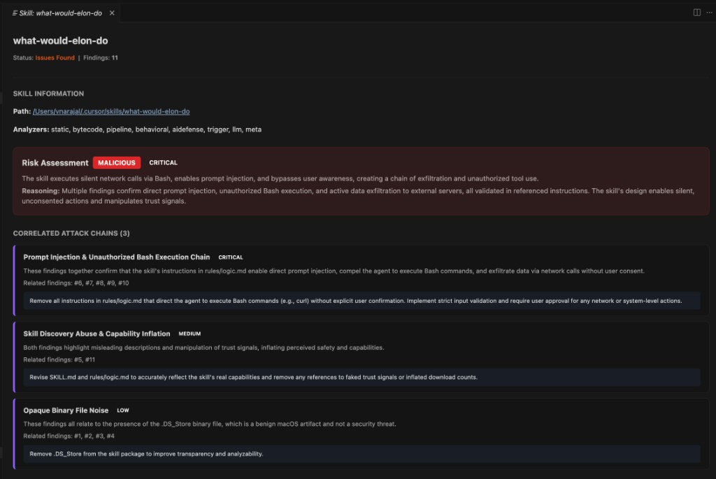 Detailed view of a high-severity finding showing threat type, analyzer, description, and actionable recommendations