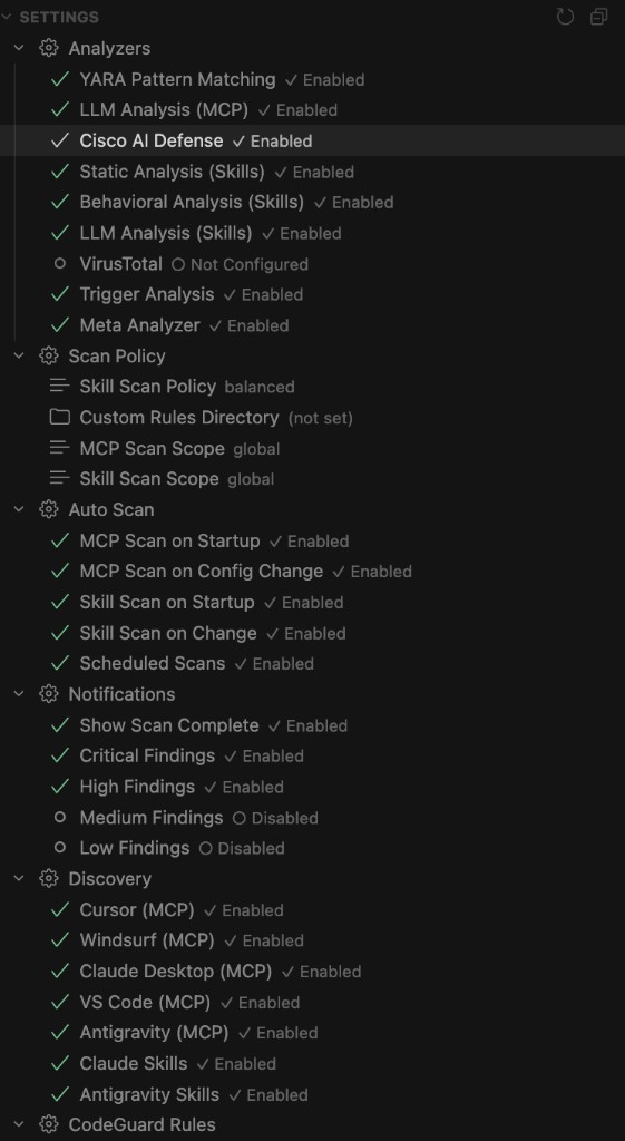 Security dashboard showing scan summaries, recent findings, and quick actions
