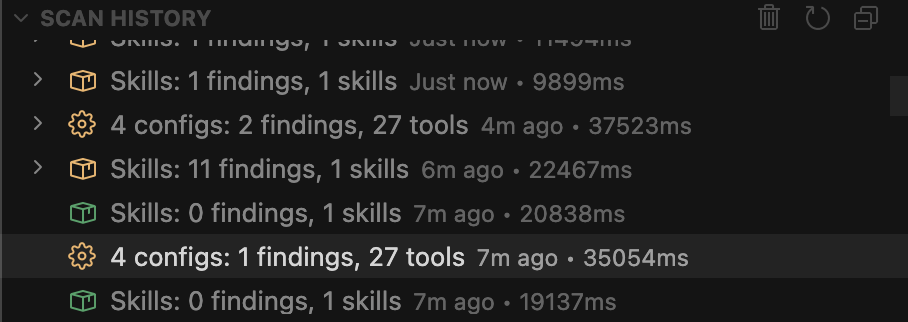 Scan History sidebar view showing past scan results and duration