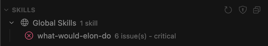 Sidebar view showing Skills security findings with severity counts