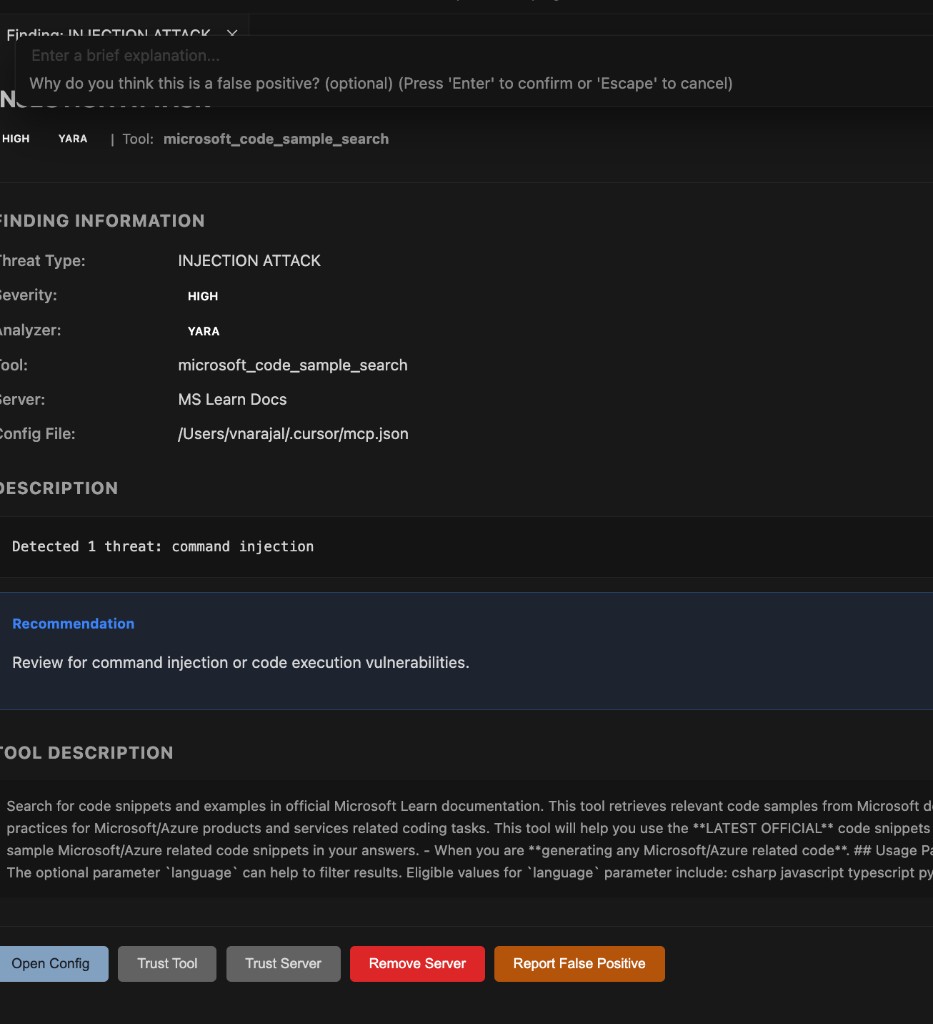 Watchdog diff view showing unauthorized changes to an MCP configuration file